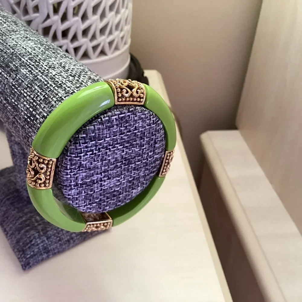 Lime Green and Goldtone Elasticized Acrylic Bracelet